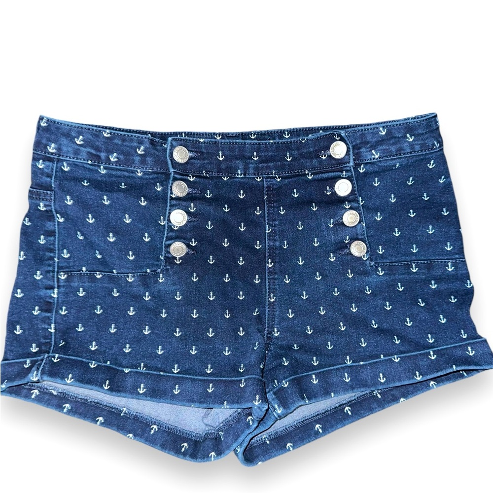 Rue21 Navy Blue High Waisted Button Up Sailor Anchor Print Shorts Women Size 7/8